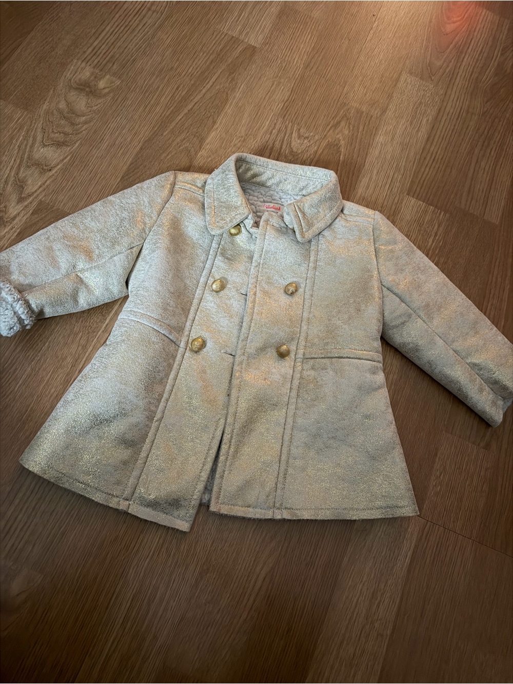 Billieblush Girls' Shimmery Silver Double-Breasted Pea Coat
